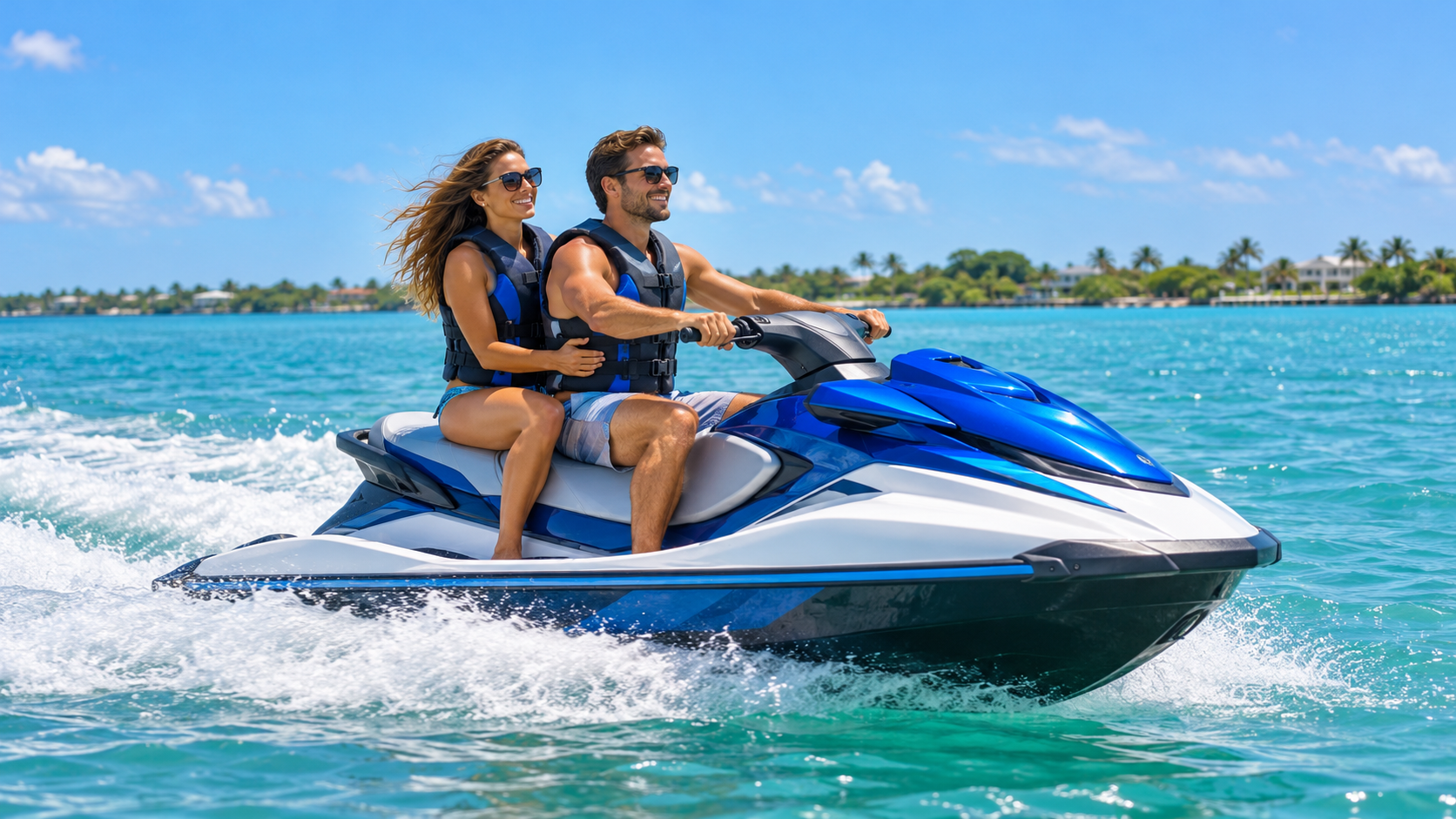 Two riders wearing life jackets enjoying a jet ski ride on turquoise water